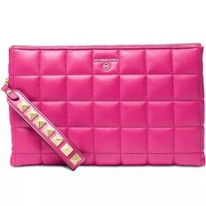 HOT PINK Michael Kors Hot Pink Quilted Leather Wristlet Clutch with Stud Strap